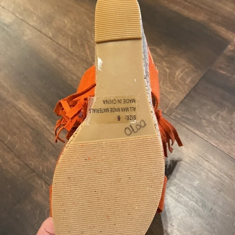 QUPID burnt orange suede fringe wedges.